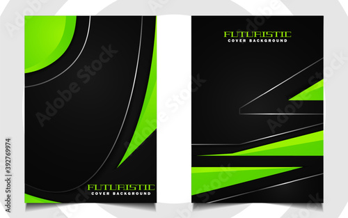 Abstract futuristic cover a4 background template with green technology concept on black shapes. Modern layout vector design can use banner gaming, presentation business, sport poster, automotive event