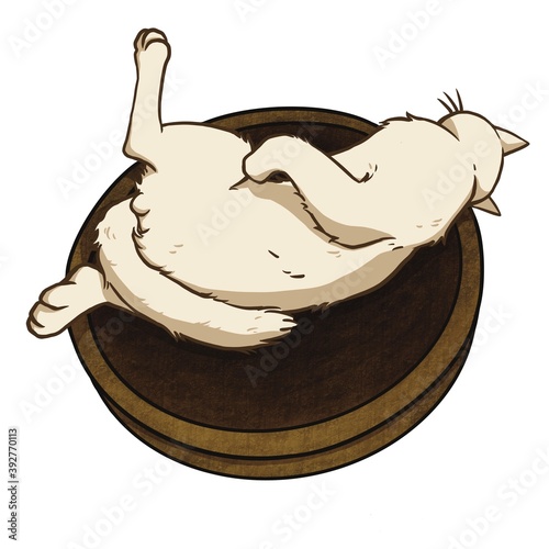 a white cat lying strange posture in a brown basket. Cartoon character for decoration in pet artwork advertising, clip art, textbook for small children.