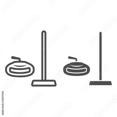 Curling equipment line and solid icon, Winter sport concept, curling stone and rectangular broom sign on white background, Broom and stone for curling icon in outline style. Vector graphics.