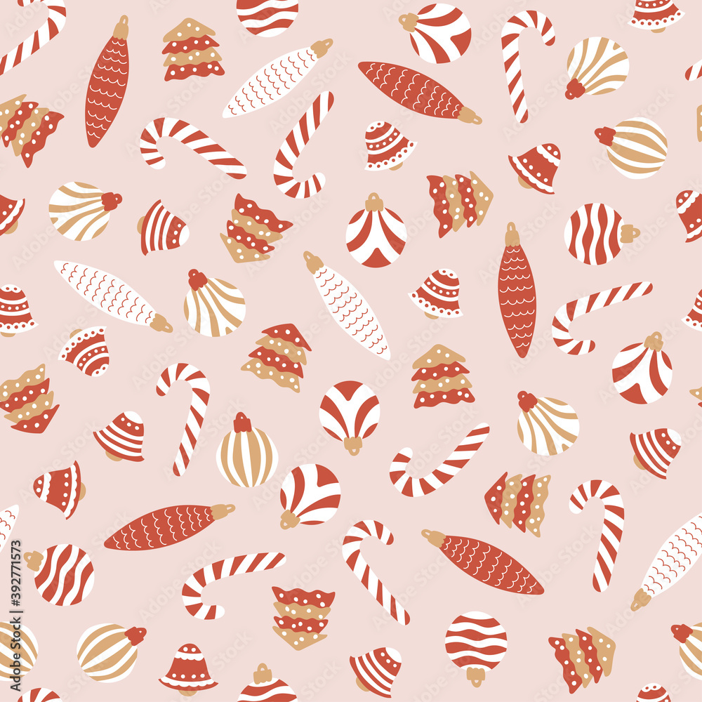 Christmas seamless pattern on a pink background. Funny and cute toys, candy canes, Christmas trees. Vector illustration for holiday cards, gift wrapping, textiles. Red and white background. Christmas seamless pattern on a pink background. Funny and cute toys, candy canes, Christmas trees. Vector illustration for holiday cards, gift wrapping, textiles. Red and white background.