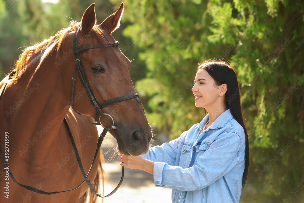 Fototapeta premium Beautiful young woman with cute horse outdoors