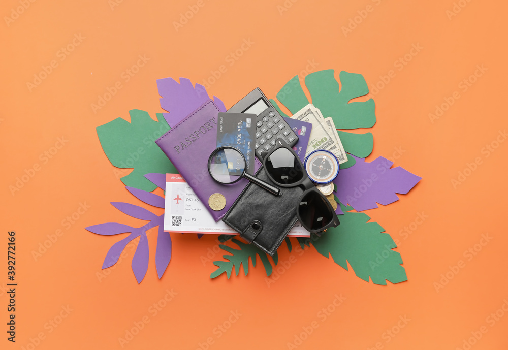 Fototapeta Set of travel items on color background