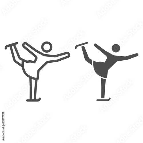 Figure skater performs exercise line and solid icon, Winter sport concept, Figure skating symbol on white background, Ice skater icon in outline style for mobile and web design. Vector graphics.