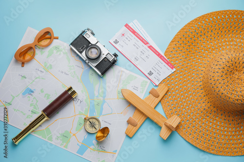 Set of travel items on colo...