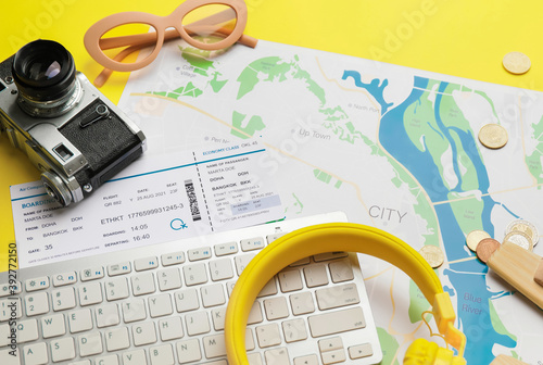 Set of travel items on colo...