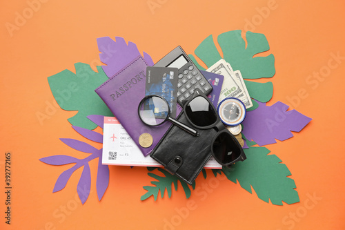 Set of travel items on colo...