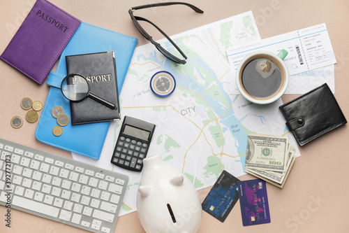 Set of travel items on table