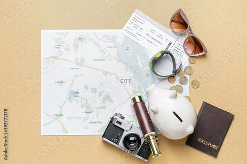 Set of travel items on colo...