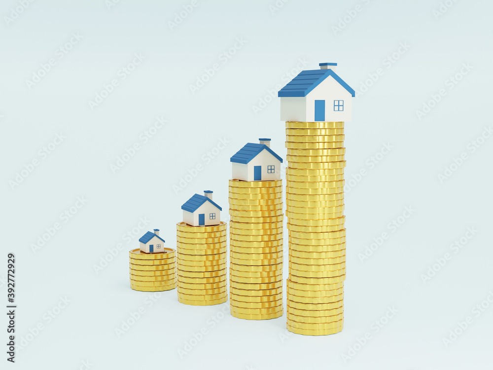 Fototapeta premium 3D of stack coins and house. Savings money or investing to buy a home or loan. Concept of Investment property.