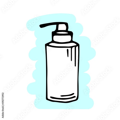 Simple vector doodle drawing in black outline on a blue white background. Hand disinfection, antiseptic spray in a bottle, cleansing, care, protection against germs. Sanitizer, medications.