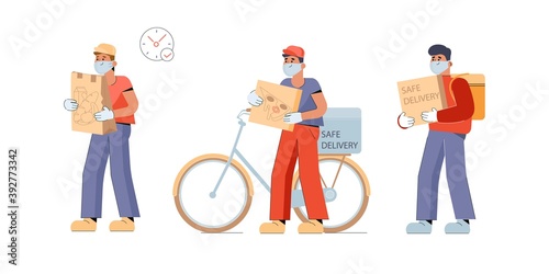 Safe food delivery. A young courier brings a fast food to a masked and gloved customer during the coronavirus pandemic