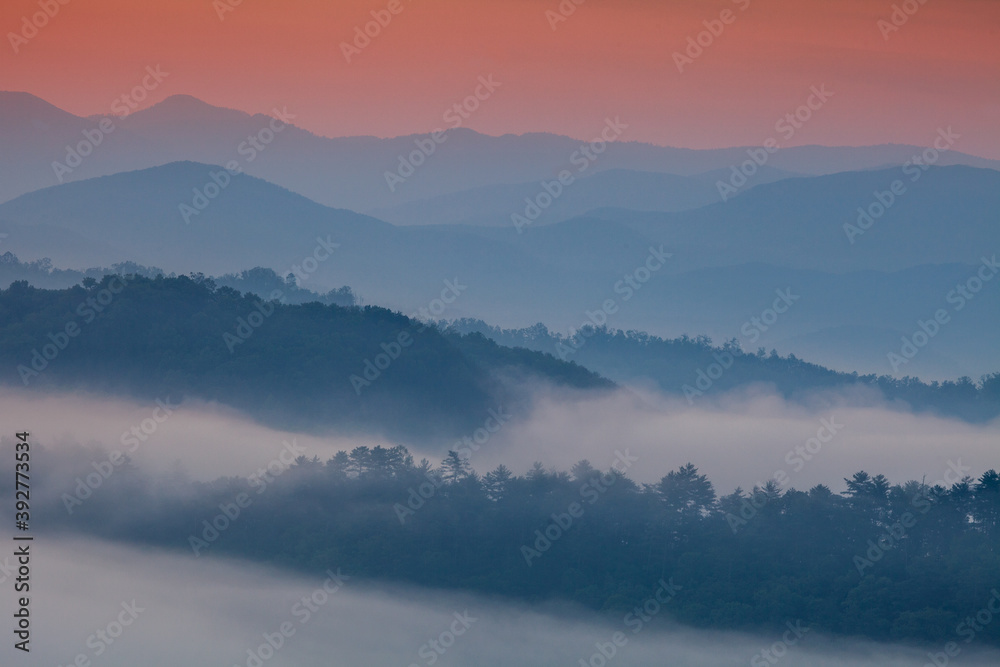 Dawn breaks over an overlook along the Foothills Parkway West just off of the Great Smoky Mountains National Park Dawn breaks over an overlook along the Foothills Parkway West just off of the Great Smoky Mountains National Park