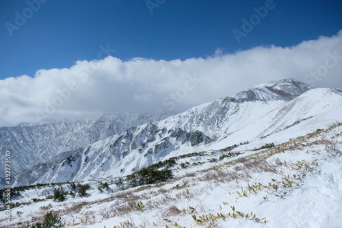                                        japanese northern alps with snow  Hakuba Valley  autumn time Japan