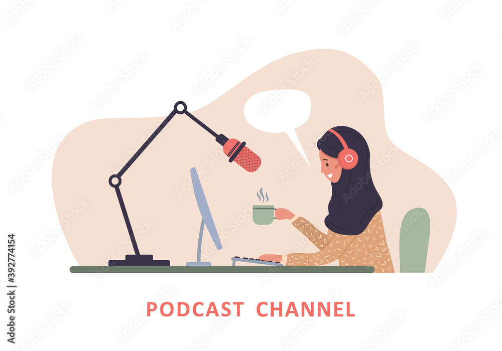 Podcast concept. Islamic woman in headphones at table recording audio  broadcast. Interview with radio host. Vector illustration in flat cartoon  style. Stock Vector | Adobe Stock