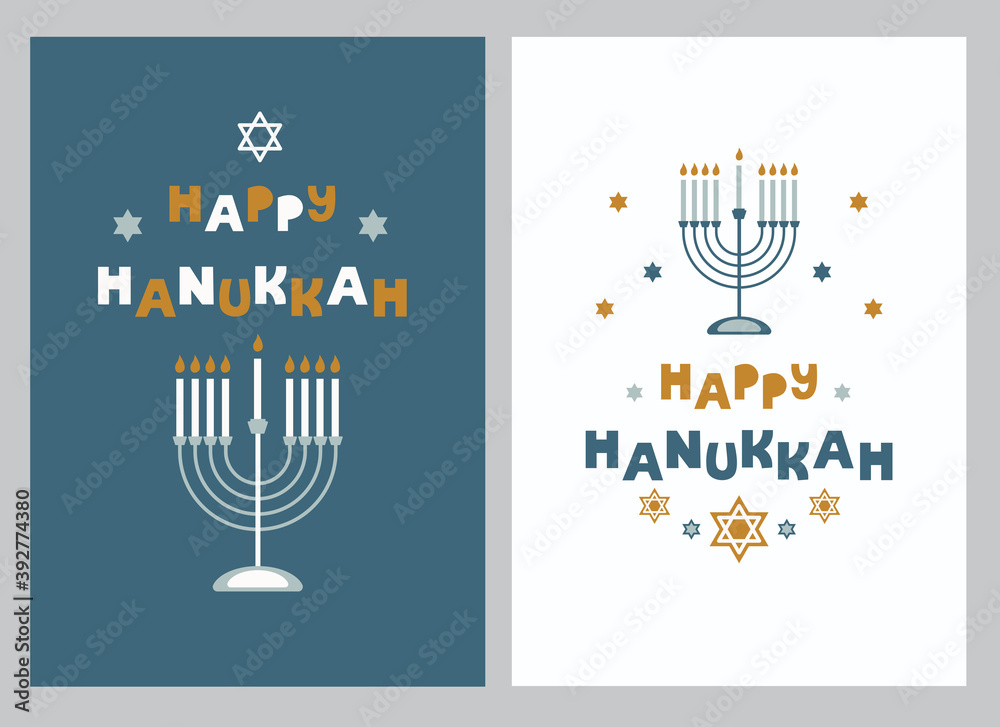 Happy Hanukkah posters with creative symbols in flat style. Modern design for card, banner, typography. Vector illustration Happy Hanukkah posters with creative symbols in flat style. Modern design for card, banner, typography. Vector illustration