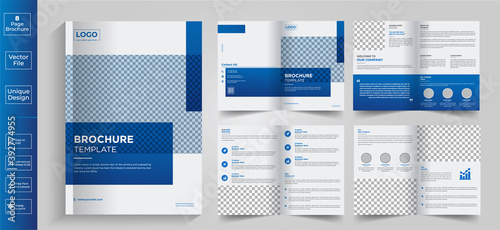 Minimal & clean geometric design of 8-page blue color template for brochure, flyer, magazine, catalog or company report. A4 size,8 pages business company profile brochure design,Real estate 8-page bro photo
