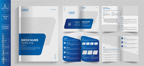 Minimal & clean geometric design of 8-page blue color template for brochure, flyer, magazine, catalog or company report. A4 size,8 pages business company profile brochure design,Real estate 8-page bro