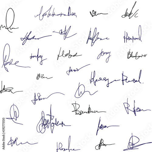 Handwritten signatures, signature icons set, fictitious autograph, isolated on white background, vector graphic.