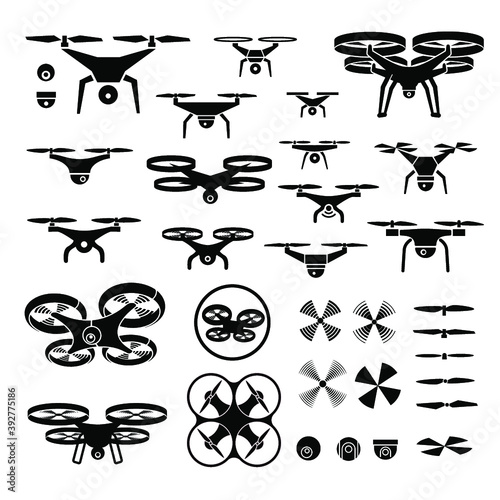 drones  vector illustration icons and logos set  logo  quadcopter with action camera   black and white  unmanned aircraft isolated on white background vector illustration.