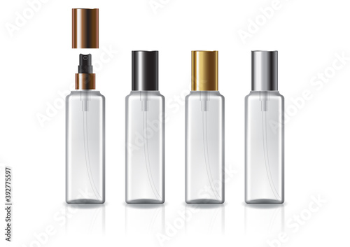 White square cosmetic bottle with 4 colors spray and plain lid for beauty or healthy product.