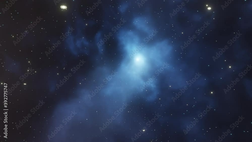 Beautiful Space travel CGI animation 360 loop in  blueish nebula clouds and star systems.