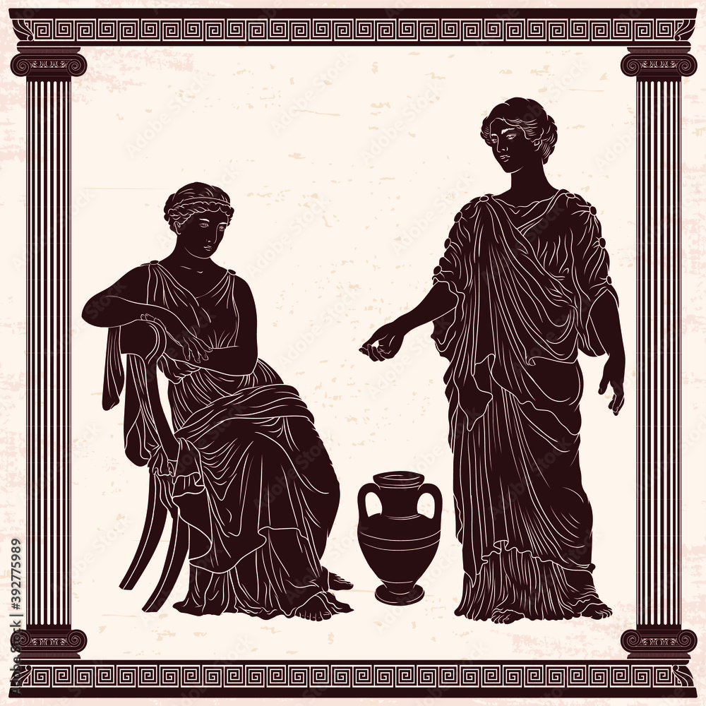 Fototapeta premium Two ancient Greek women in tunics talk near a jug of wine.