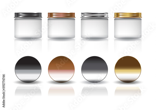 Set of medium white cosmetic round jar with black-copper-silver-gold lid mockup template.