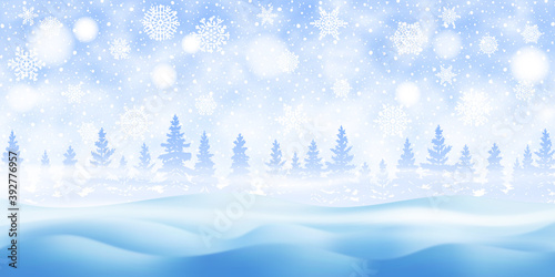 Fantasy on the theme of the winter landscape. Falling snow, forest and blizzard. Vector illustration, EPS10