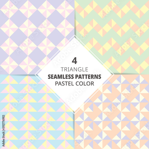 Set of 4 triangle, polygon seamless patterns in pastel colors.