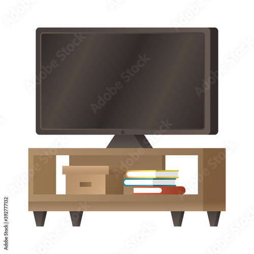 flat tv in desk with books forniture house icon