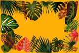 summer tropical leaves background on yellow background