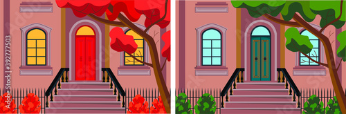 The facade of the house at different times of the year. Vector illustration