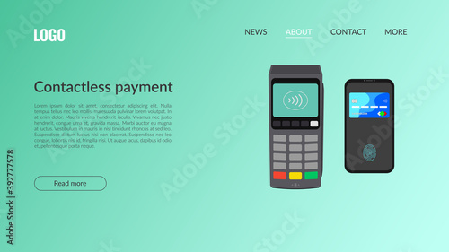 The concept of a bank pos terminal for paying for services using a card, phone, including contactless payment. Acquiring. Vector banner isometric 3d illustration, on a blue background. Copyspace.