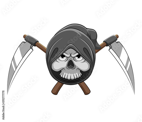 The head grim reaper bones with the two scythe behind his head