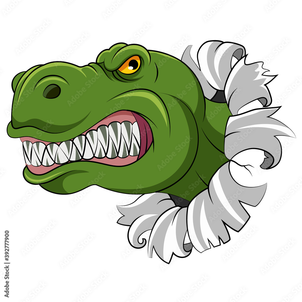 Obraz premium The green dinosaur with the sharp teeth out from the hole walls