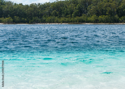 Turqouise and dark blue water at the edge of Lake McKenzie  Fraser Island  Australia