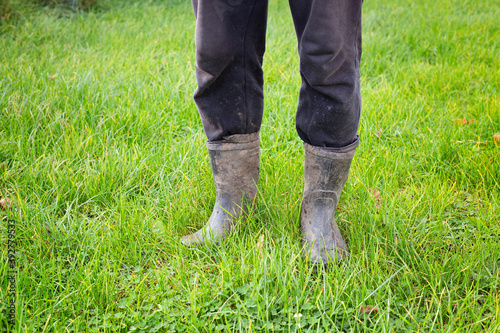 Dirty rubber boots on bright green grass. Legs of a man in rubber boots after work. Farming concept