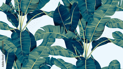 Fotografia Botanical seamless pattern, hand drawn banana tree on bright blue