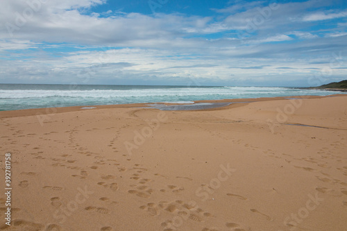 Footprints in Sand on Beach Leading Down to Ocean Waves