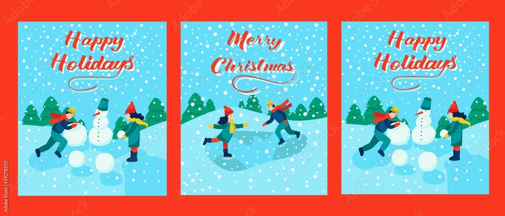 Set of holiday cards. Lettering happy Christmas, happy new year, happy holidays. Children go sledding, skating, making a snowman. Vector illustration.