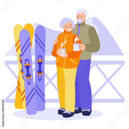 Happy elderly couple drinking hot tea, coffee at a ski resort. The concept of happy relationships, active leisure seniors. Vector illustration in flat style.