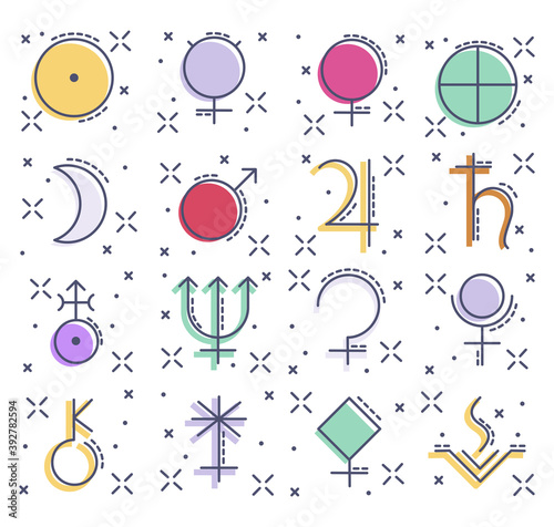 Line color icon of planet in astrology. Vector illustration with sign Mars, Venus, Mercury, Moon, Sun, Jupiter, Saturn, Pluto, Uranus, Neptune, Vesta, Pallas, Juno, Chiron, Ceres