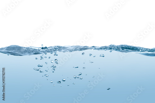 Water splash Aqua flowing in waves and creating bubbles Drops on the water surface feel fresh and clean isolated on white background.