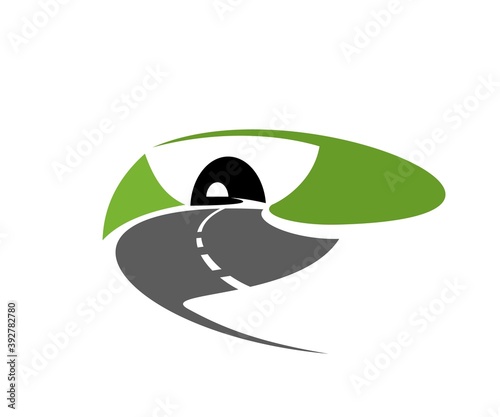 Asphalt road or freeway with tunnel icon. Speed highway, motorway or mountain path going in tunnel in hill or mountain vector. Tourism trip emblem, transportation and logistics industry design element