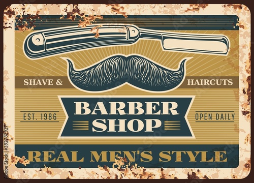Barber shop rusty metal vector plate. Handlebar mustaches with curved extremities, straight or cutthroat razor and typography. Barbershop, men hairdresser salon retro banner or grungy sigh