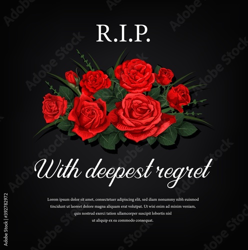 Funeral card with red roses flowers and condolence. Funerary poster, memorial engraving for black gravestone plaque with flowers and typography. Sepulchral plate, obituary condolence banner