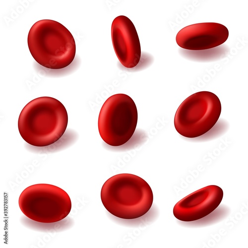 Red blood cells 3d vector hemoglobin, hematology medicine, human body anatomy. Realistic microscopic blood cells of cardiac system isolated on white background. Medical healthcare design elements set