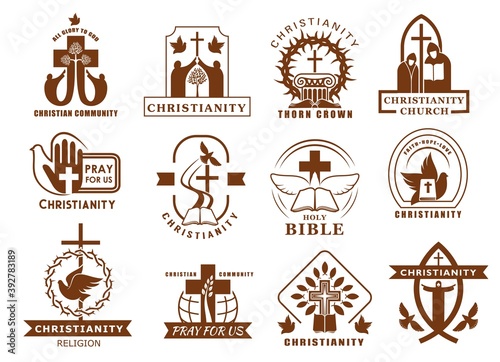 Fototapeta Christianity religion icons, Catholicism or Orthodox religious symbols, vector