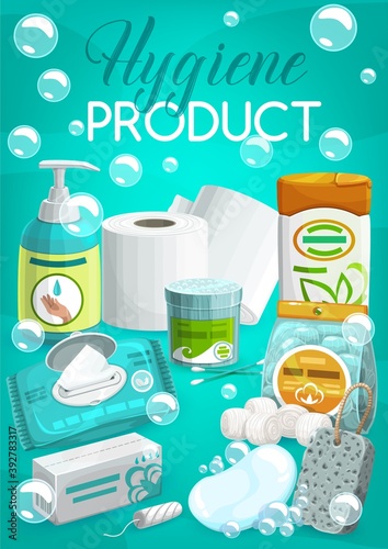 Personal hygiene products and toiletries banner. Liquid soap or hand sanitizer, wipe napkins, tampon and toilet paper, cotton swabs and balls, shampoo or body lotion, soap and pumice stone vector