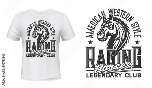 American horse race club stallion t-shirt vector print. Mustang stallion horse head engraved illustration and retro typography. Western style equestrian sport club racing apparel print template